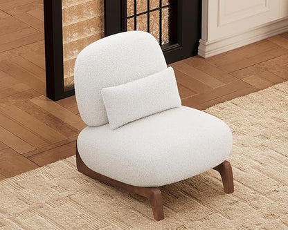 Morden Fort Modern Boucle Armless Accent Chair, Tilted Wood Legs, Thick Cushion, Lumbar Pillow, Off White, Living Room