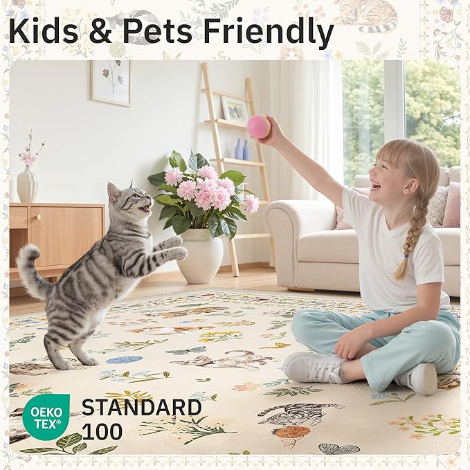 Soalmost Cat 4x6 Area Rugs, Machine Washable Animal Floral Accent Rug Non-Slip Low Pile Soft Throw Rugs for Entryway Kitchen Bedside Living Room Bedroom Nursery Playroom (4 x 6,Beige)