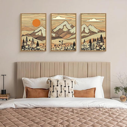 HPNIUB Woodcut Style Mountain Framed Wall Art Set,Abstract Wilderness Forest Wall Decor,Vintage Boho Sunset Art Print,Brown Line Nature Forest Scenery Artwork for Living Room,Bedroom,Office-24 x36 x3