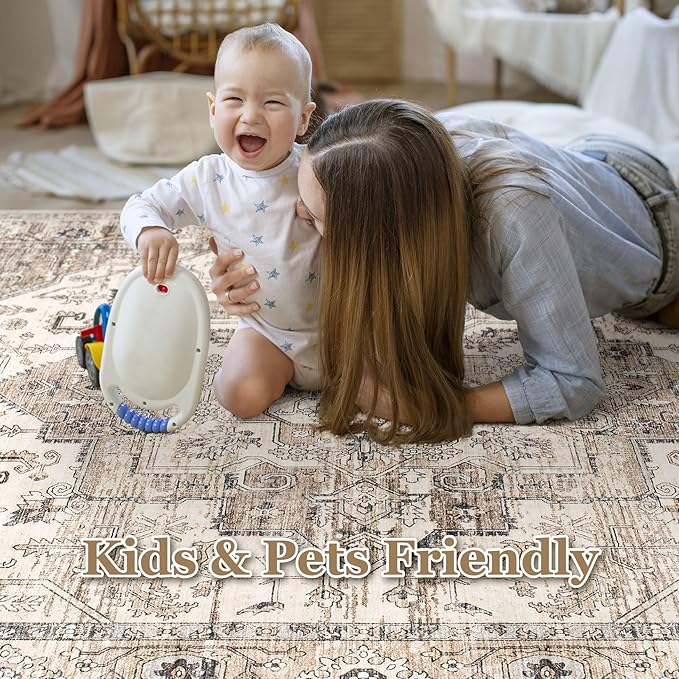 Area Rug 6x9 Washable Vintage - Soft Traditional Rugs for Living Room Large Non Slip Backing with Low Pile Farmhouse Oriental Retro Carpet for Bedroom Dining Room or Home Office - Tea Brown