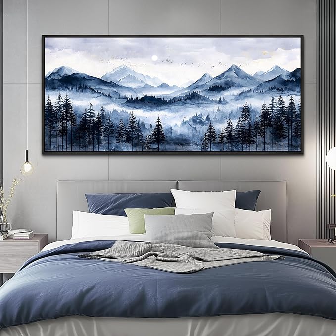 ERQINHUA Canvas Wall Art For Bedroom Large Wall Decor For Living Room Office Mural Misty and Fog Forest Painting Mountain Landscape Picture Artworks Home Decor Black Framed Ready To Hang 32x72 In