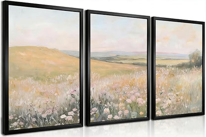 3Pcs Floral Landscape Canvas Wall Art French Country Painting Picture Wall Decor Vintage Country Wildflower Print Farmhouse Poster Artwork for Office Living Room Bedroom Home Decoration Unframed