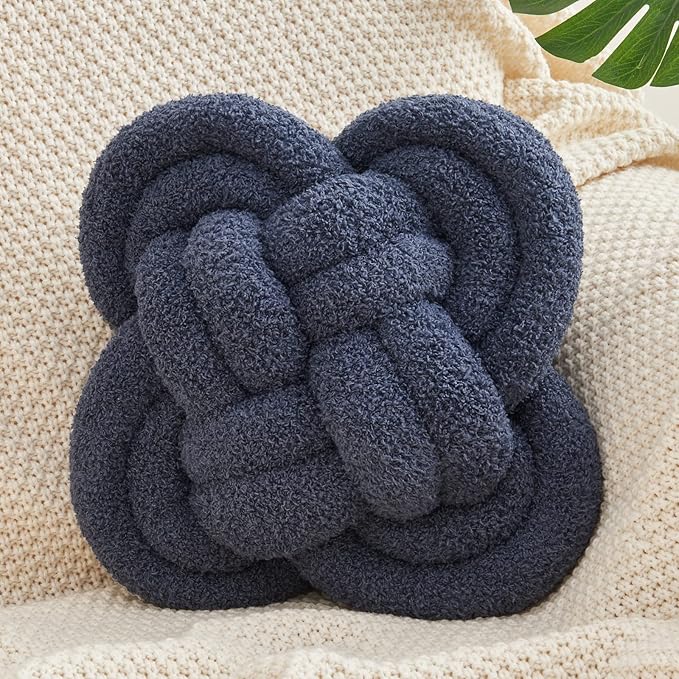 Knot Pillow, 12" Soft Decorative Throw Pillows for Couch Bed, Gray Pink Knotted Plush Throw Pillow Handmade Square Cushion Home Decor Pillows (Navy Blue, 12 Inches X12 Inches)