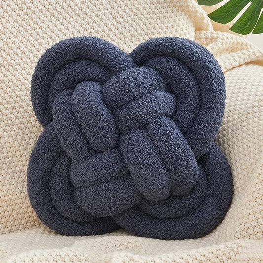 Knot Pillow, 12" Soft Decorative Throw Pillows for Couch Bed, Gray Pink Knotted Plush Throw Pillow Handmade Square Cushion Home Decor Pillows (Navy Blue, 12 Inches X12 Inches)