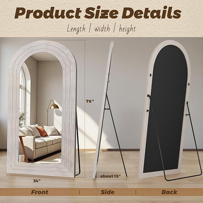 Antok Full Length Mirror with Solid Wood Frame, 76"×34" Wall Mounted Oversized Floor Mirror with Stand, Leaning Standing Hanging for Bedroom Living Room Entryway, White, Arched Syle