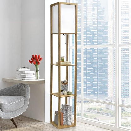 Simple Designs LF1038-WOD 62.5" Modern 3 Tier Standing Floor Lamp Etagere Organizer Storage Shelf with Linen Shade for Home Décor, Living Room, Bedroom, Office, Light Burnt Oak