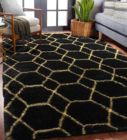 ONASAR Area Rugs for Bedroom Living Room, 4x6 Fluffy Black and Gold Throw Rug, Shaggy Geometric Floor Mat for Home Decor, Soft Plush Carpet for Kids Teen Playroom Dorm Classroom Office