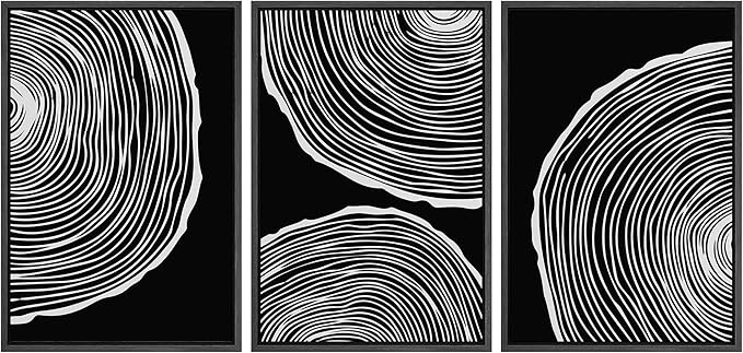 SIGNLEADER Framed Canvas Print Wall Art Set Duotone Geometric Wood Ring Circle Collage Abstract Shapes Illustrations Modern Art Boho Decorative for Living Room, Bedroom, Office - 24"x36"x3 BLACK