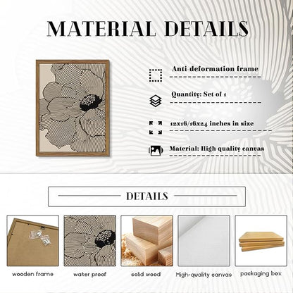 Framed Abstract Floral Wall Art, Neutral Line Flower Canvas Wall Decor Painting, Modern Minimalist Botanical Poster Print Picture for Living Room Bedroom Bathroom 12x16 Inch