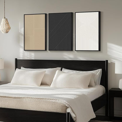 Framed Boho Black and White Abstract Wall Art, Set of 3 Piece Large Modern Neutral Minimalist Canvas Paintings Wall Decor Art Prints Pictures for Living Room, Bathroom, Dining, Office 16x24 Inch