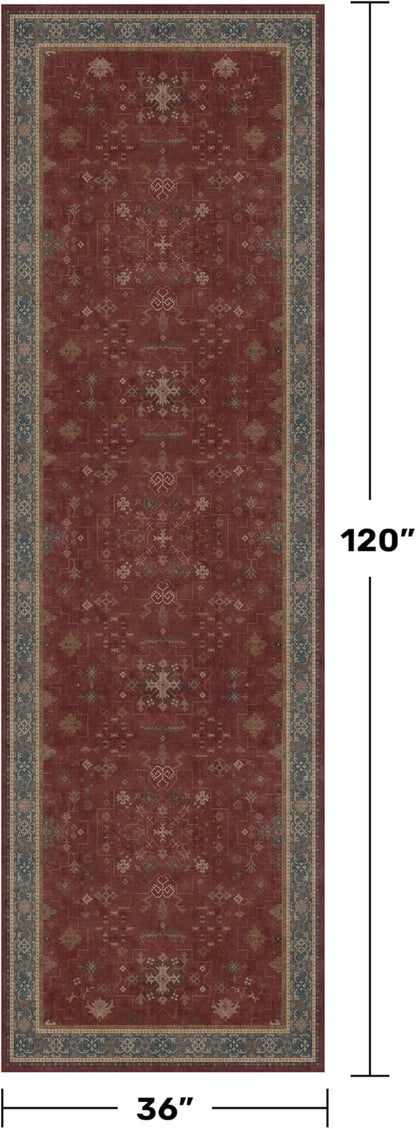 Burgundy 3x10 Long Runner Rug for Hallway - Washable Large Kitchen Rug, Low Pile Thin Carpet for Bedroom Bedside, Foyer, Non Slip Unique Bohemian Red Décor