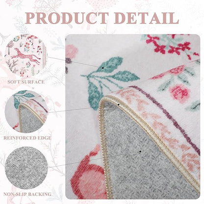 DUKINO 6x9 Rug, Washable Animal Living Room Rug with Non Slip Vintage Design, Soft Low Pile Large Carpet for Bedroom, Nursery, Dining Room, Farmhouse, Playroom, Pink