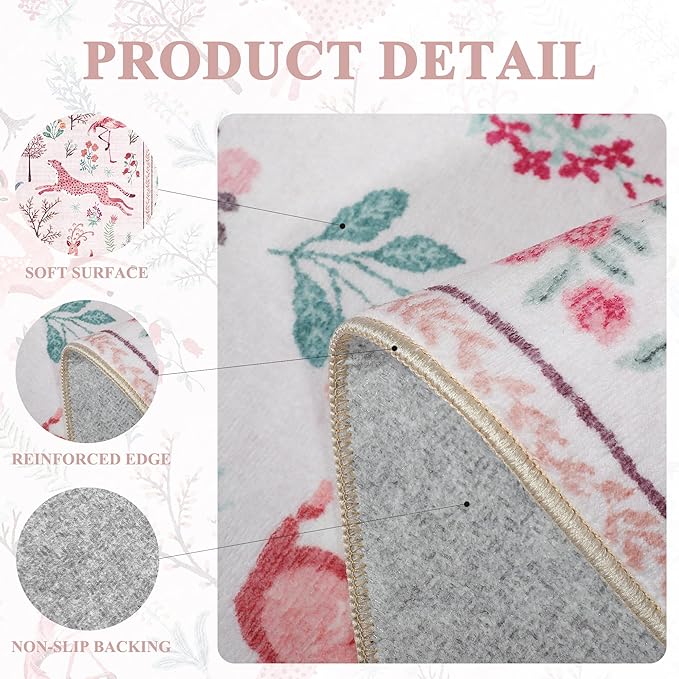 DUKINO 4x6 Rug, Washable Animal Area Rug with Non Slip Vintage Design, Indoor Soft Low Pile Carpet for Bedroom, Nursery, Dining Room, Farmhouse, Playroom, Pink