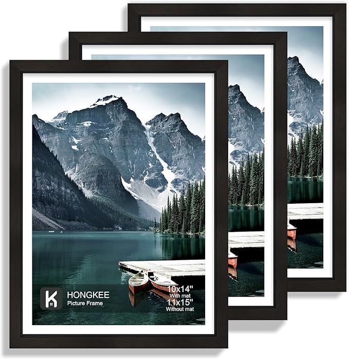 Hongkee 11x15 Picture Frame with Real Glass - Display Pictures 10x14 with Mat or 11 x 15 without Mat, Wall Collage Photo Frame set(Black, 3 Pack)