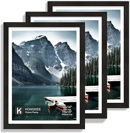Hongkee 11x15 Picture Frame with Real Glass - Display Pictures 10x14 with Mat or 11 x 15 without Mat, Wall Collage Photo Frame set(Black, 3 Pack)