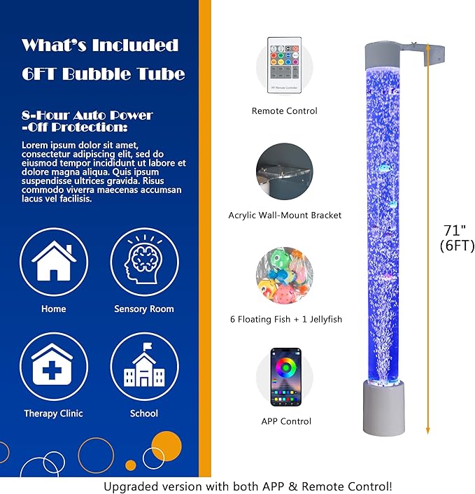 Bubble Tube Floor Lamp – Works with Various Controllers, Color-Changing Aquarium Mood Light for Visual Stimulation & Relaxation in Home, Sensory Rooms & Therapy Clinics (6FT Bubble Lamp)