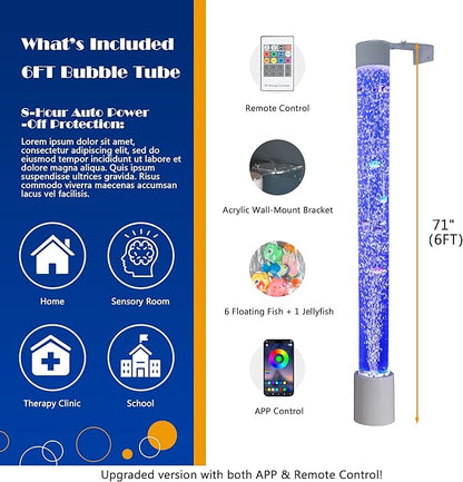 Bubble Tube Floor Lamp – Works with Various Controllers, Color-Changing Aquarium Mood Light for Visual Stimulation & Relaxation in Home, Sensory Rooms & Therapy Clinics (6FT Bubble Lamp)
