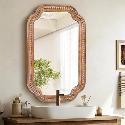 24x36 Inch Farmhouse Beaded Wall Mirror, Wood Scalloped Decorative Mirror, French Vintage Accent Mirror for Bathroom, Entryway & Glam Boho Decor