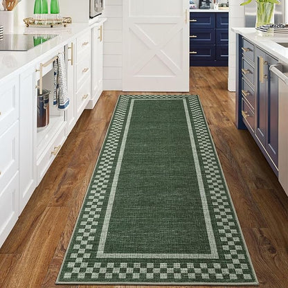 Rug Runners for Hallways 2x8 Washable Kitchen Runner Rug Non Slip Low Pile Bedside Throw Carpet Modern Bordered Bathroom Runners Checkered Area Rug for Living Room Bedroom Entryway Nursery, Green