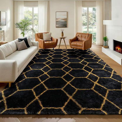 ONASAR 6x9 Area Rugs for Living Room Bedroom, Large Fluffy Black and Gold Throw Rug, Geometric Soft Plush Shaggy Fuzzy Floor Carpet for Nursery Kids Girls Boys Teen Dorm Home Office Decor