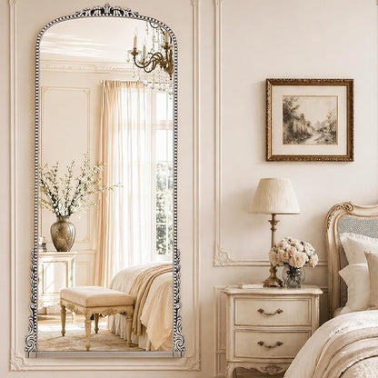 Antique Full Length Mirror 71" x 32", Antique Silver Arched Large Vintage Mirror in Baroque Style with Tempered Glass, Freestanding for Bedroom, Living Room, Cloakroom
