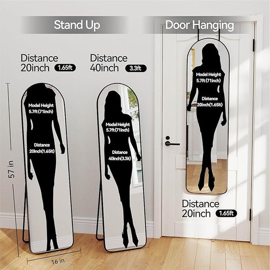 SCWF-GZ 57x16 Door Hanging Full Length Mirror, Floor Stand (Height 5.7ft just Body in1.3ft) / Wall Mounted Metal Frame Arch Dressing Mirrors for Bedroom Living Room 57 inch Black