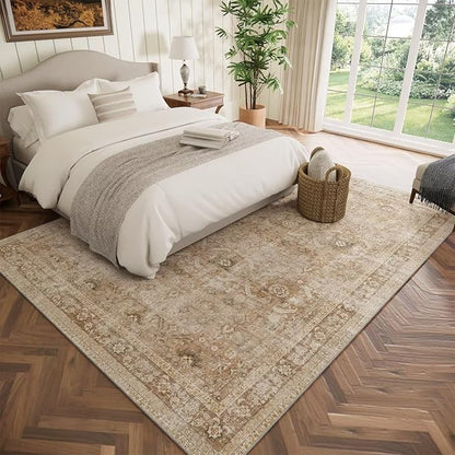 Washable 6x9 Area Rugs for Living Room, Boho Non-Slip Vintage Distress Large Rugs for Bedroom Dining Room Nursery Office, 0.3" Neutral Oriental Throw Thin Carpet, Brown/Multi, C1