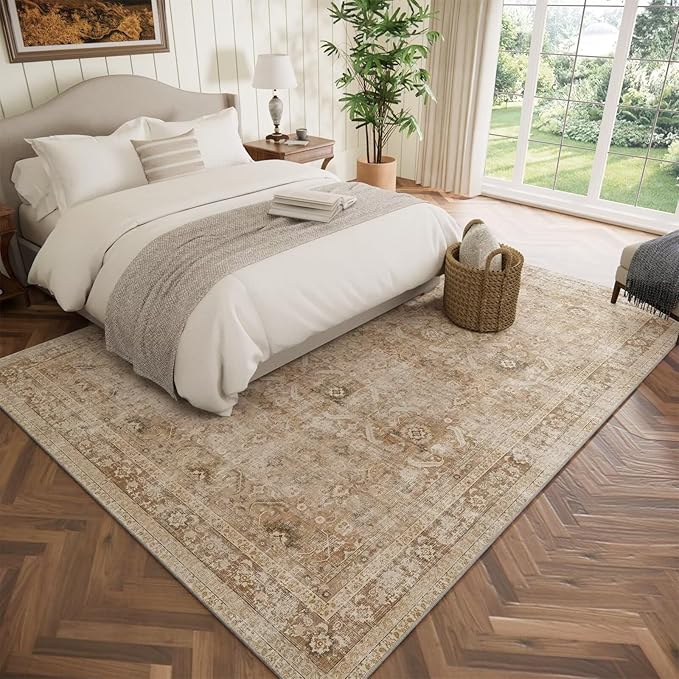 Washable 5x7 Area Rugs for Living Room, Boho Non-Slip Vintage Rug for Bedroom Dining Room Nursery Office, 0.3" Neutral Oriental Throw Thin Carpet with Cushioning Pad, Brown/Multi, C1
