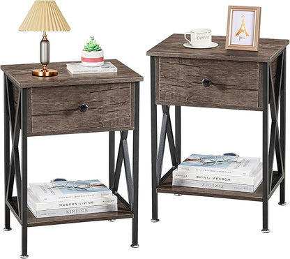 VECELO End Tables, Modern Nightstand with Drawer & Shelf, Night Stand for Bedroom Living Room,Industrial Metal Frame