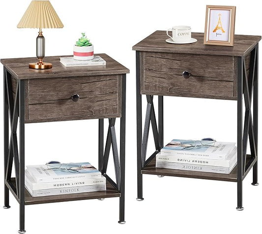 VECELO End Tables, Modern Nightstand with Drawer & Shelf, Night Stand for Bedroom Living Room,Industrial Metal Frame