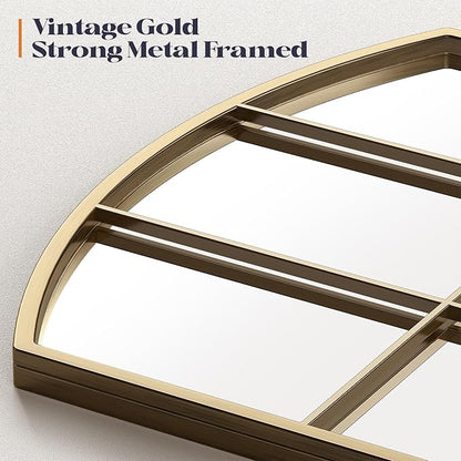 36" x 36" Farmhouse Arched Gold Wall Mirror, Gold Window Pane Mirrors, Rustic Large Grid Mirror for Living Room, Bedroom, Hallway, Entryway