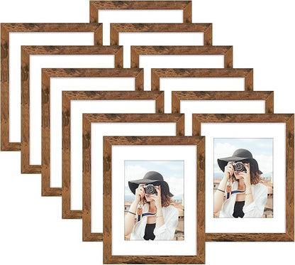 Picrit 8.5x11 Picture Frame Set of 12, Display 6x8 with Mat or 8.5 x 11 without Mat, Photo Frames for Wall Mounting or Table Top Display, Brown