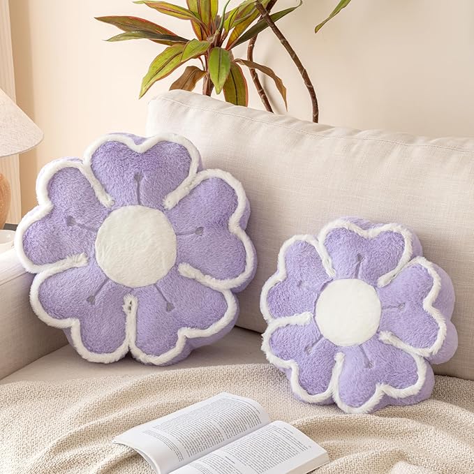 Flower Shaped Decorative Throw Pillow Cushion for Bed Couch, Cute Flower Plush Throw Pillows Home Decor Floor Pillow Seating Cushions (Lavender Purple, 13.7 Inches)