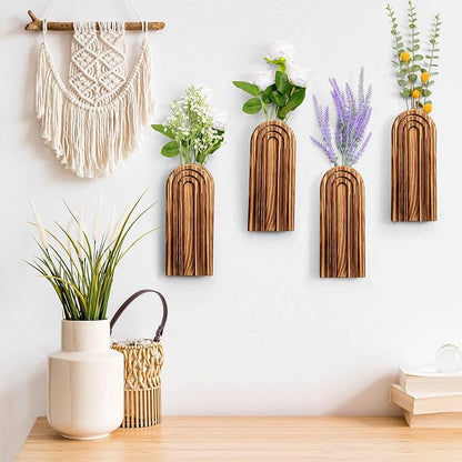Ziliny 4 Pack Wall Planter Indoor Decor Plant Holders Boho Wood Hanging Vases for Modern Farmhouse Living Room Bedroom Rainbow Decor (Dark Brown)