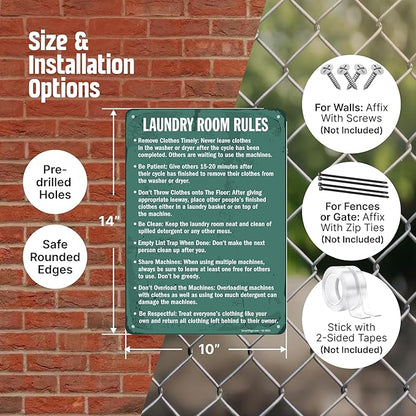 SmartSign Vintage 'Laundry Room Rules - Remove Clothes, Be Clean' Metal Laundry Sign, 14" x 10", 40 mil Laminated Aluminum, Home/Farmhouse/Laundromat Wall Décor, White/Rustic Green, USA-Made