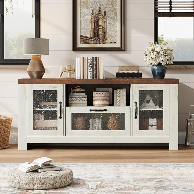 Farmhouse TV Stand for 60 Inch TVs, Wood Entertainment Center with Acrylic Door Storage Cabinets, Adjustable Shelves, Sturdy TV Console Table for Living Room Bedroom, Rustic White