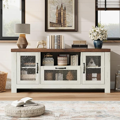 Farmhouse TV Stand for 60 Inch TVs, Wood Entertainment Center with Acrylic Door Storage Cabinets, Adjustable Shelves, Sturdy TV Console Table for Living Room Bedroom, Rustic White