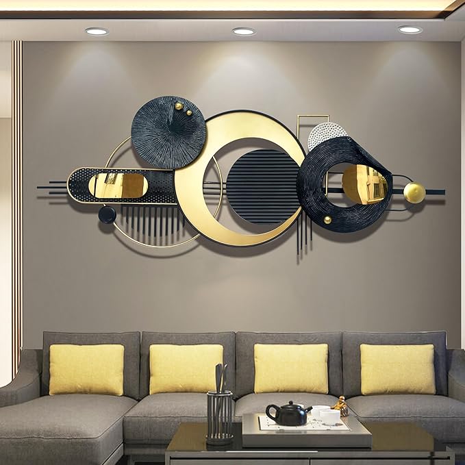 Large Modern Abstract Metal Wall Art, Black and Gold Geometric Circles Wall Decoration, Contemporary Home Decor,59 × 24 in Wall Art for Living Room/Dinning Room/Bedroom/Entryway/Kitchen/Office