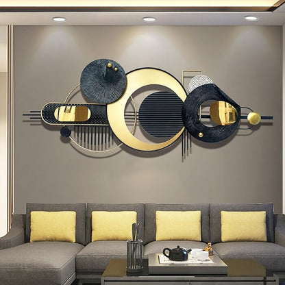 Large Modern Abstract Metal Wall Art, Black and Gold Geometric Circles Wall Decoration, Contemporary Home Decor,59 × 24 in Wall Art for Living Room/Dinning Room/Bedroom/Entryway/Kitchen/Office