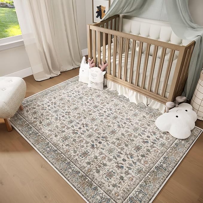 Washable 4x6 Rugs for Living Room, Boho Non-Slip Vintage Distress Small Rugs for Bedroom Nursery Office, 0.3" Neutral Oriental Throw Thin Carpet with Cushioning Pad,Cream/Blue/Orange/Multi,A2