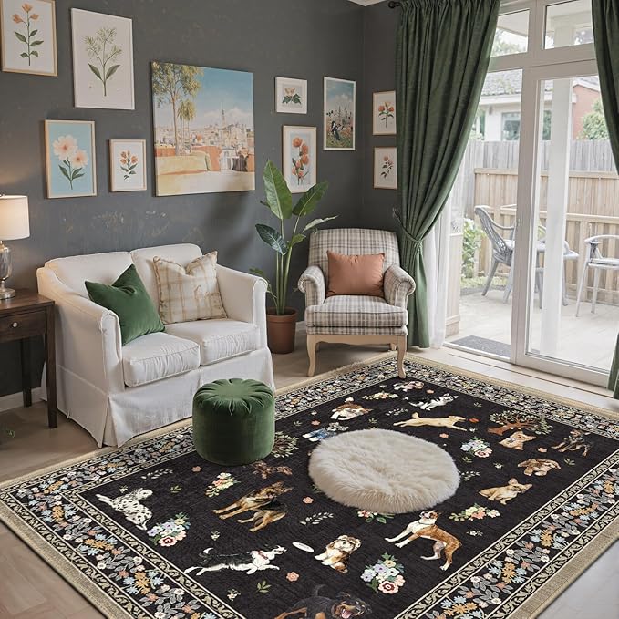 Floral Dog Machine Washable Rug Black, 3x5 Rug Non Slip Soft Bedroom Rugs for Entryway Dorm, Ultra-Thin Rugs for Bedroom Stain Resistan(3 x 5, Black)