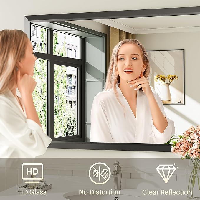 Briivue 36x32 Inch Black Bathroom Mirror for Wall, Thick Metal Framed Rectangle Mirrors for Over Sink, Bedroom, Living Room, Entryway, Anti-Rust, HD Tempered Glass