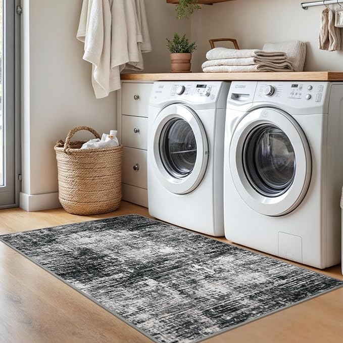 KILOCOCO Abstract Area Rug 3x5 Entryway Rug Washable Kitchen Rugs Non Slip Soft Pinted Entrance Rugs Indoor Mat for Front Door Foyer Farmhouse Living Room Floor Carpet, Black/Grey