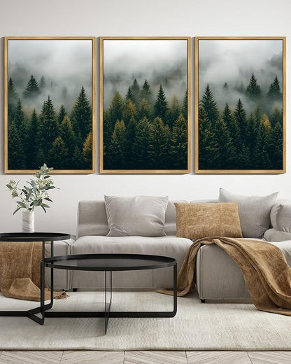 Drsoum Fog Pine Tree Landscape Wall Art Framed Nature Misty Nordic Forests Prints Morden Farmhouse Rustic Artwork Hallway Bathroom Ready to Hang 24x36in Natural Framed