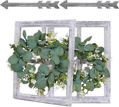 Rustic Wood Window Frame with Green Wreath and Arrows Wall Decor，Farmhouse Window Frame Hanging Decor, Wooden Fake Decoration,Window Pane Wall Decor,Set of 2 (White)