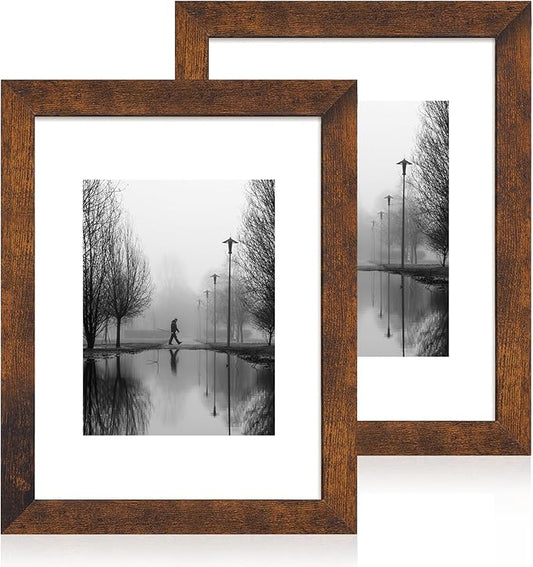 iRahmen 9x12 Picture Frame with Mat 6x8 - High Definition Tempered Glass Wooden Photo Frames for Tabletop Display and Wall Mounting (Dark Brown, Set of 2)