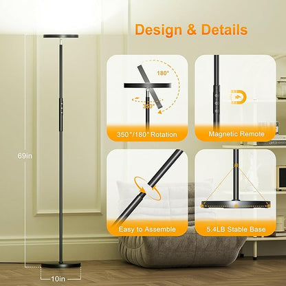 Yikuneng RGB Torchiere Floor Lamps for Living Room, 3600LM 36W Bright LED Standing Lamp with Remote, Modern Color Changing Tall Lamp with Stepless Dimming, 69" Corner Floor Lamp for Bedroom, Office