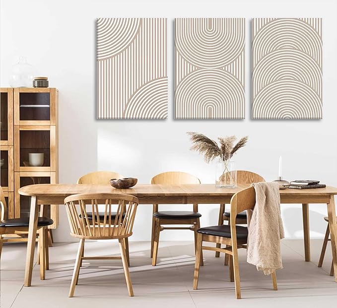 3Pcs Beige Neutral Canvas Wall Art Boho Minimalist Line Paintings Abstract Beige and White Line Wall Decor Mid Century Geometric Posters Prints for Living Room Bedroom Office Art Pictures Framed