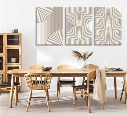 3Pcs Beige Neutral Canvas Wall Art Boho Minimalist Line Paintings Abstract Beige and White Line Wall Decor Mid Century Geometric Posters Prints for Living Room Bedroom Office Art Pictures Framed