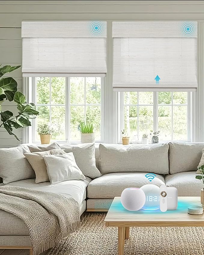 Motorized Bamboo Roman Blinds with Remote, Woven Roman Shades Compatible with Alexa Google Home, Automatic Bamboo Blind for Indoor Windows CustomSize(Saltbrush)